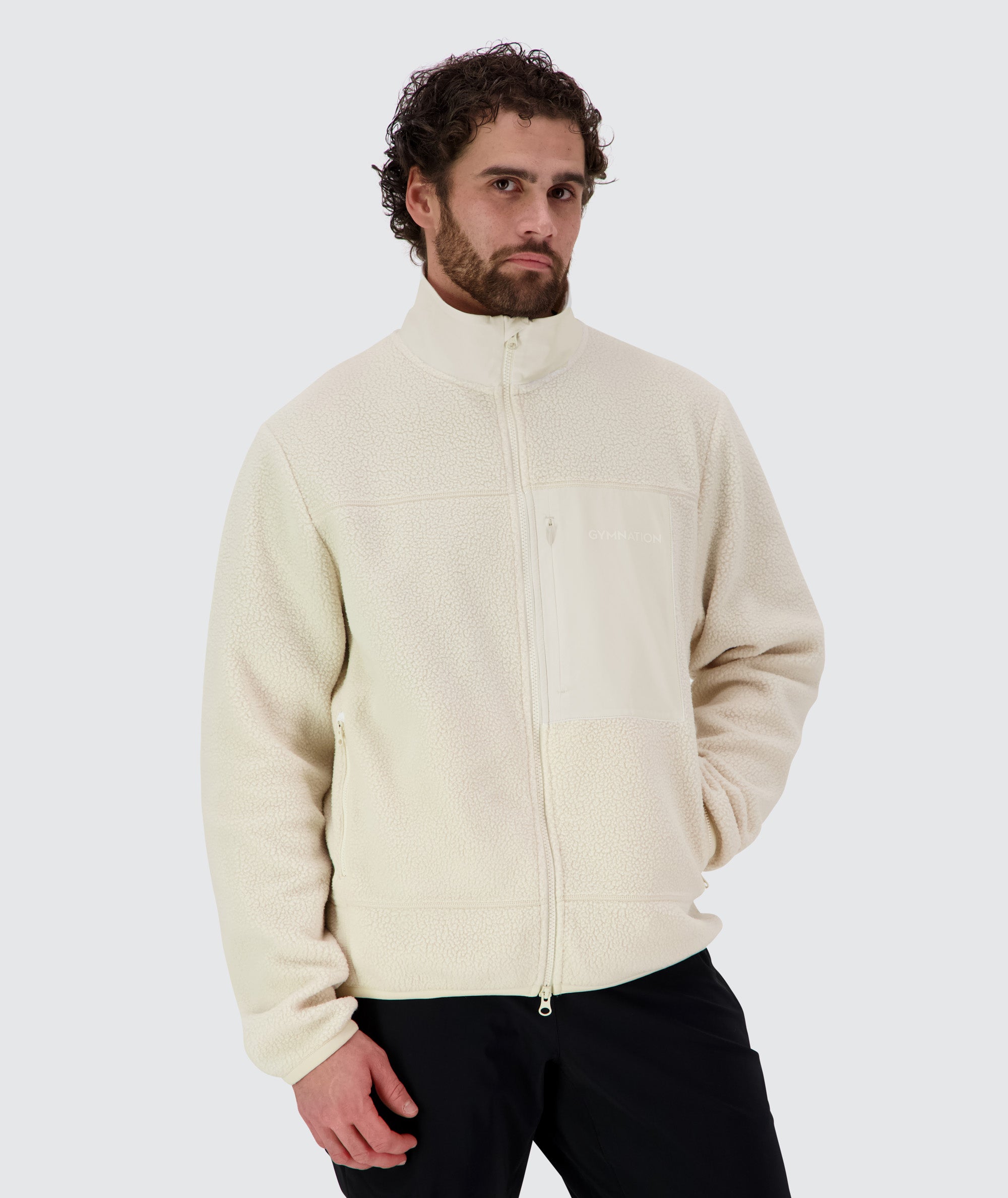 Gymnation Pile Jacket Unisex Model 179cm size L #color_off-white