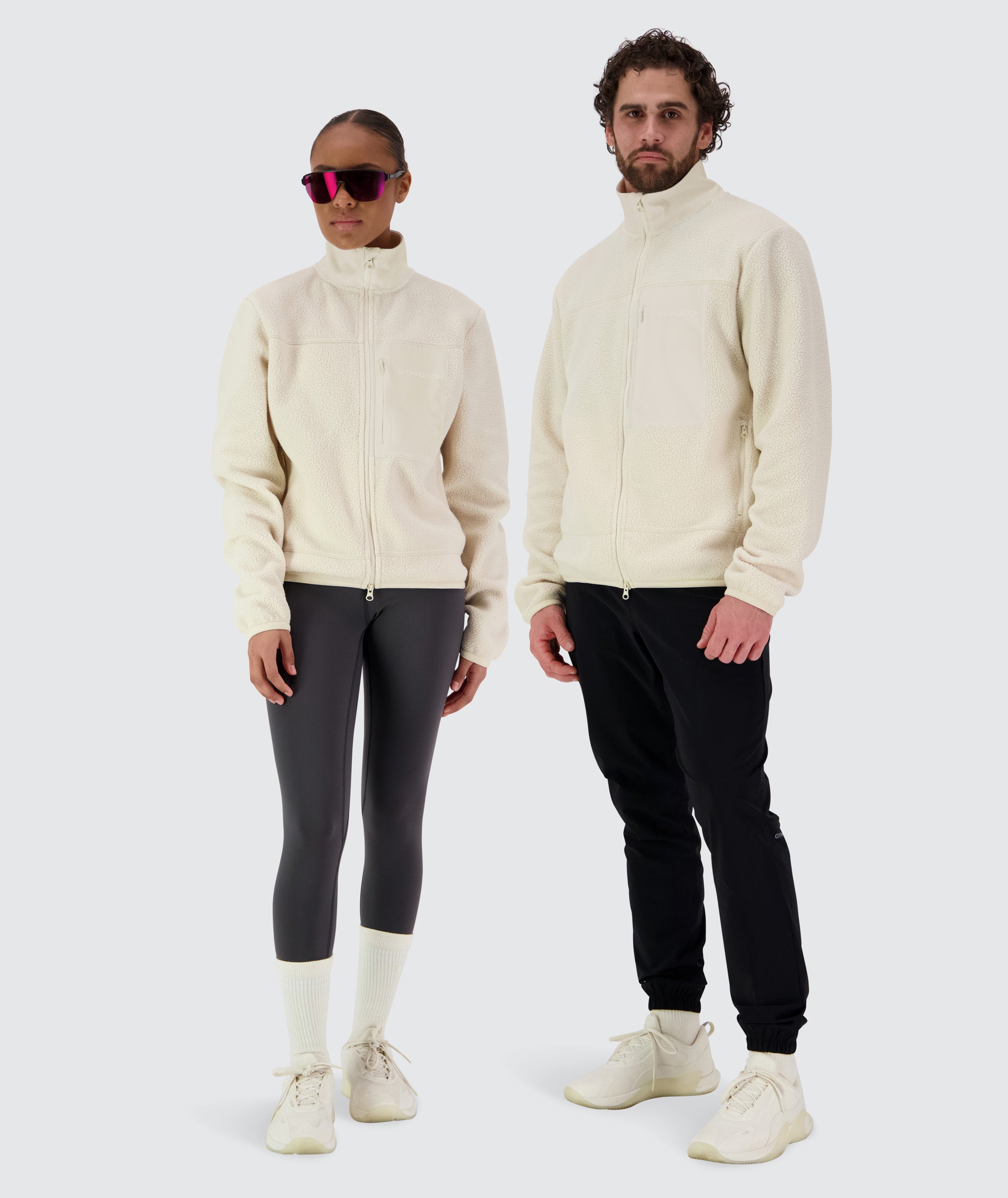 Gymnation Pile Jacket Unisex, Model Male 179cm size L / Female 167 size XS #color_off-white