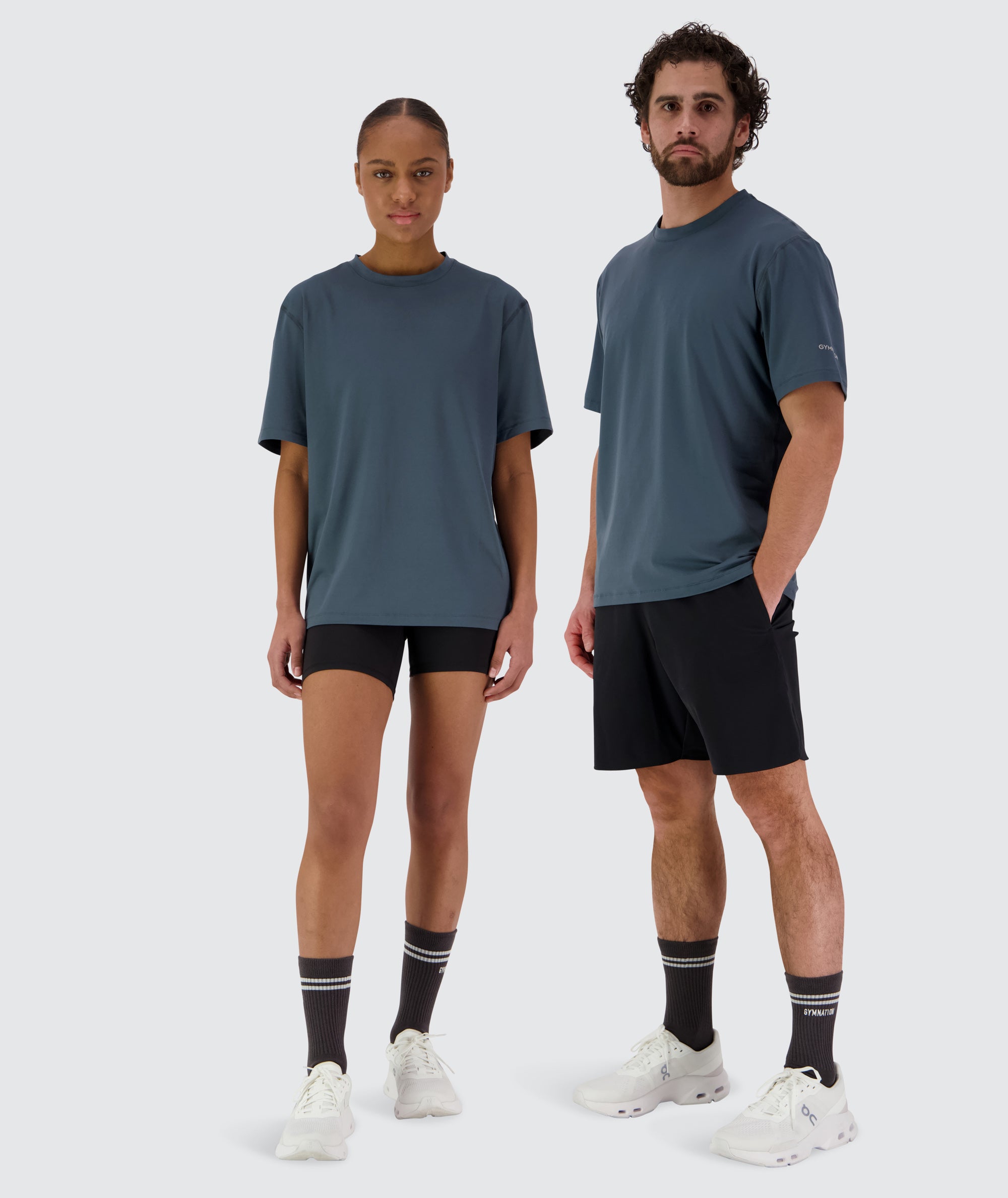 Gymnation ComfyKnit training T-Shirt - Unisex, Model Male 179cm size M / Female 167 size XS #color_dusty-navy