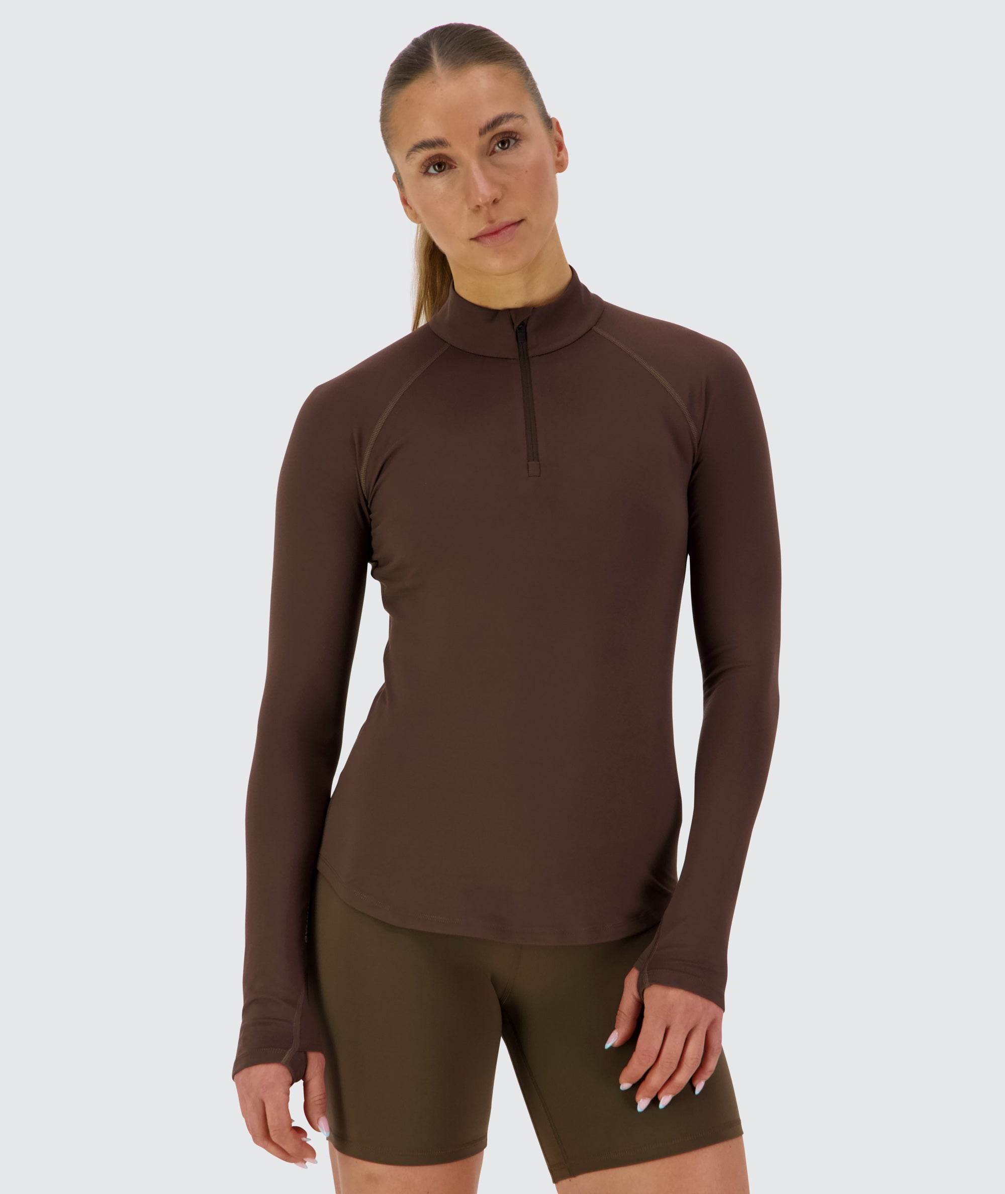 Women's comfy half-zip, Model 176 cm / size S #color_coffee-bean