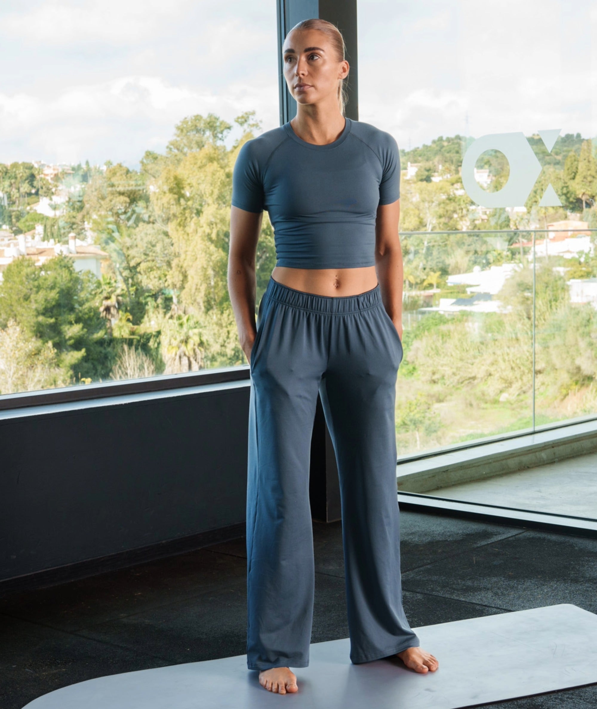 Gymnation Wideleg ComfyKnit Pants #color_Dusty-Navy