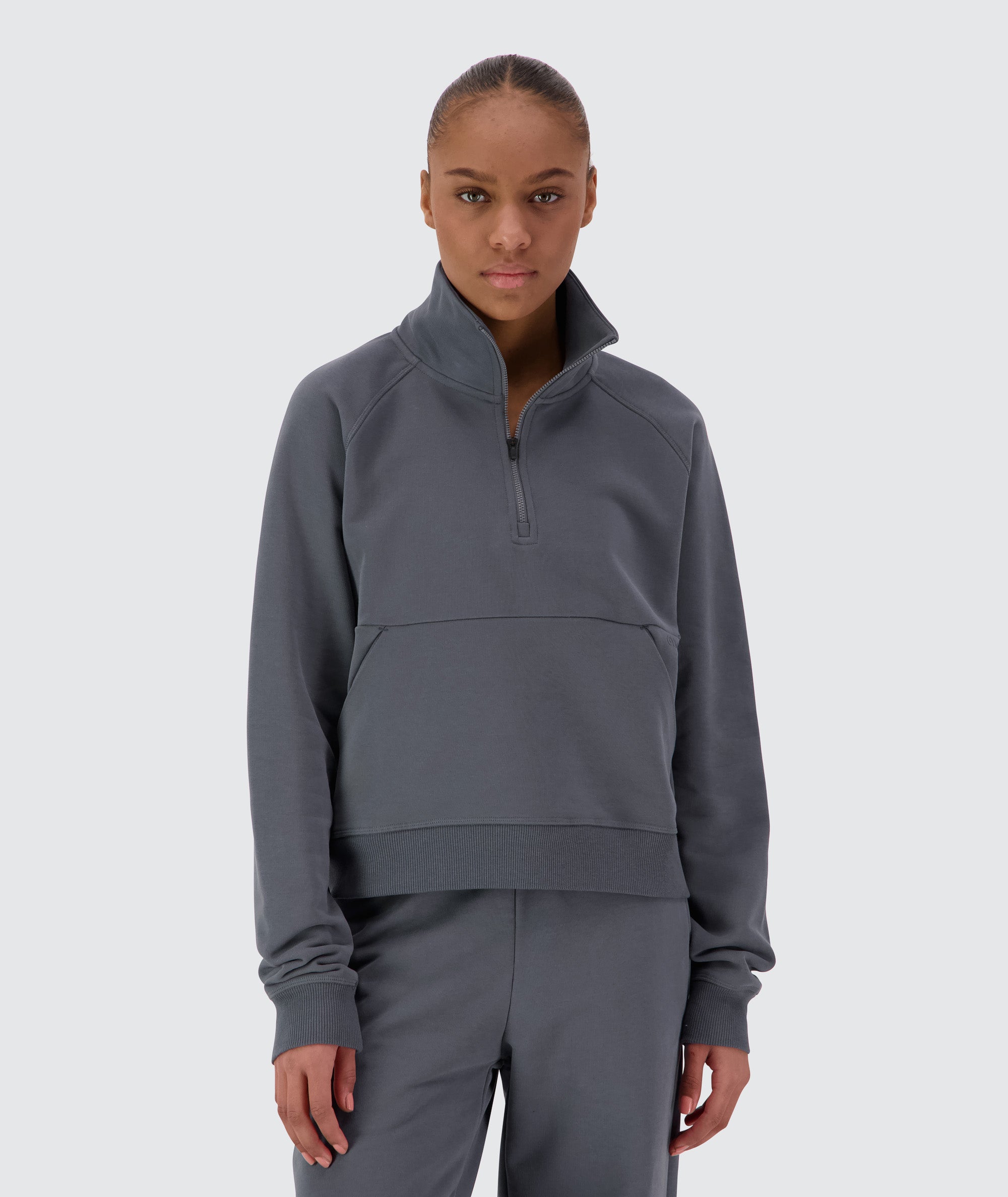 Women Half-Zip Sweater Model 167 cm / size S #color_dark-grey