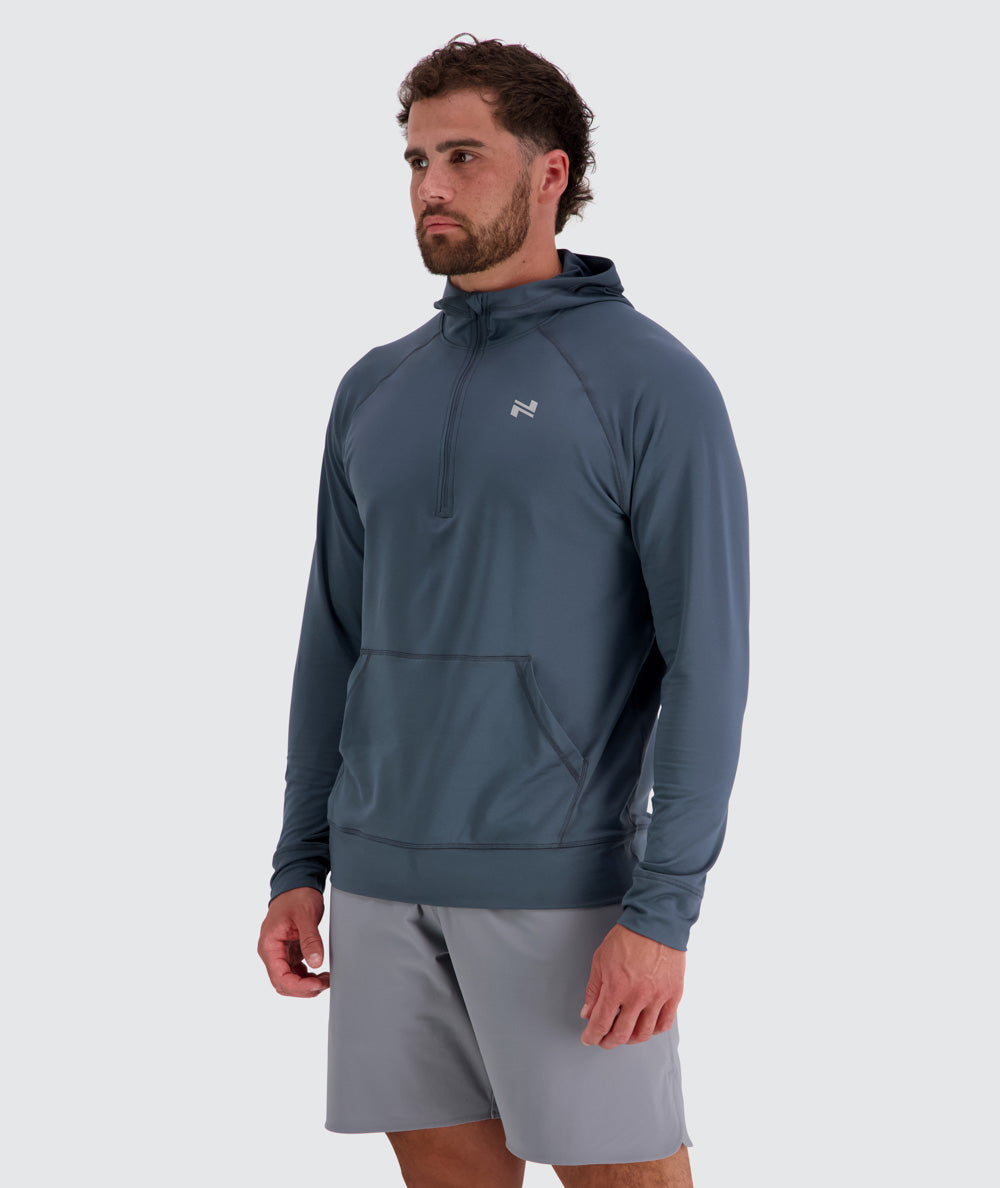 Men's light and sporty hoodie, Model 179 cm / size M#color_dusty-navy