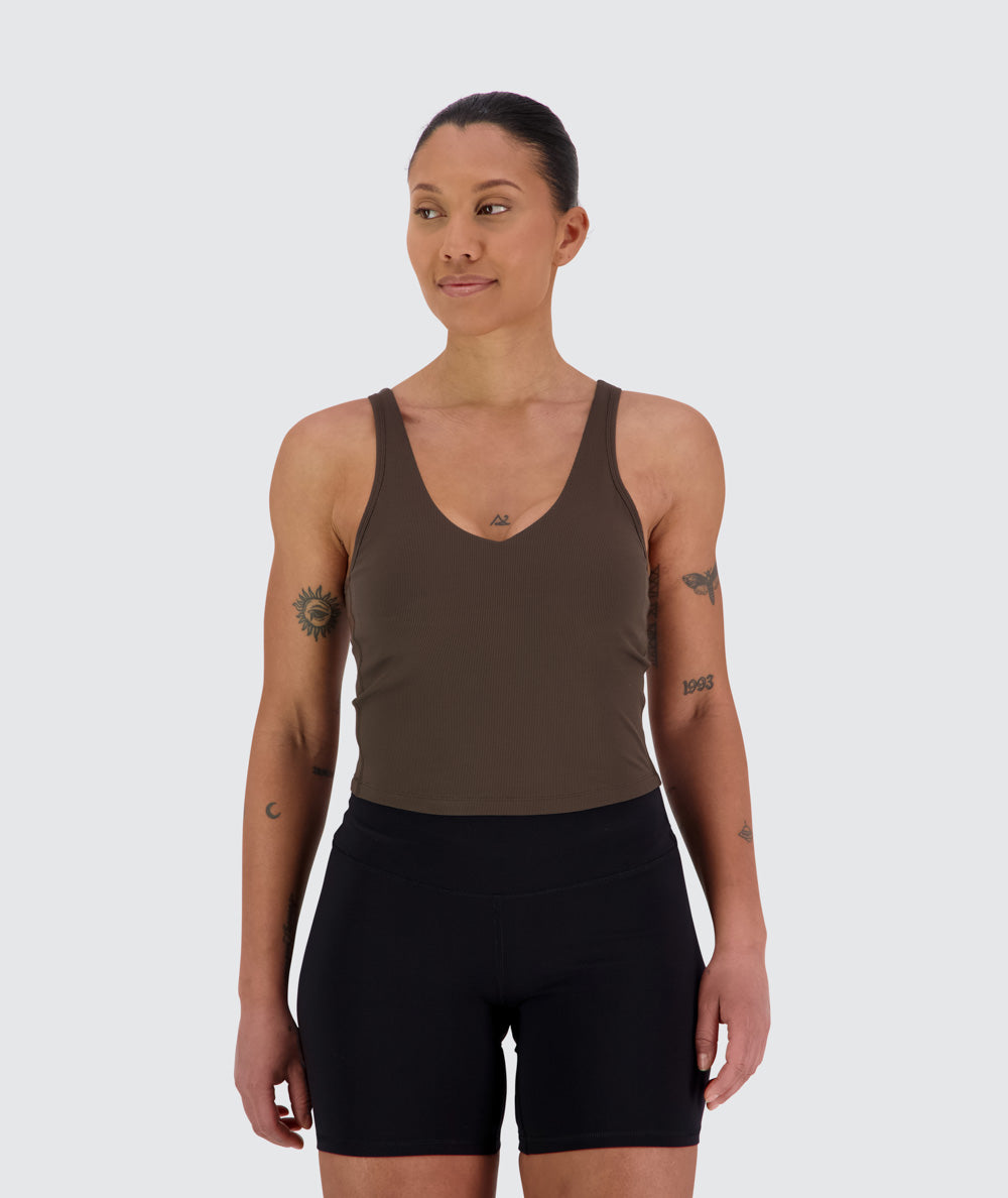 Women's ribbed bra top, Model 170cm / Size S #color_coffee-bean