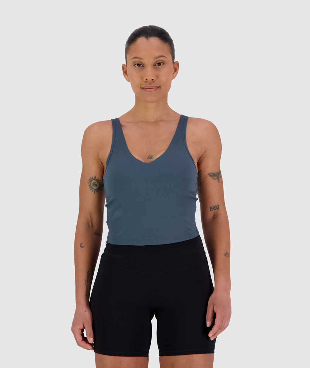 Women's ribbed bra top, Model 170cm / Size S #color_dusty-navy