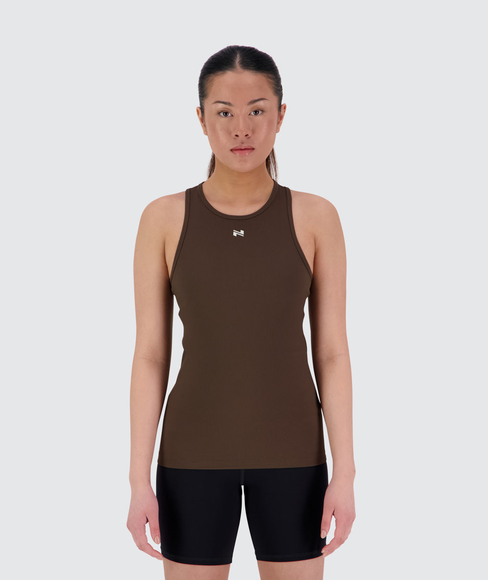 Women's ribbed tank top , Model 160 cm / Size XS#color_coffee-bean