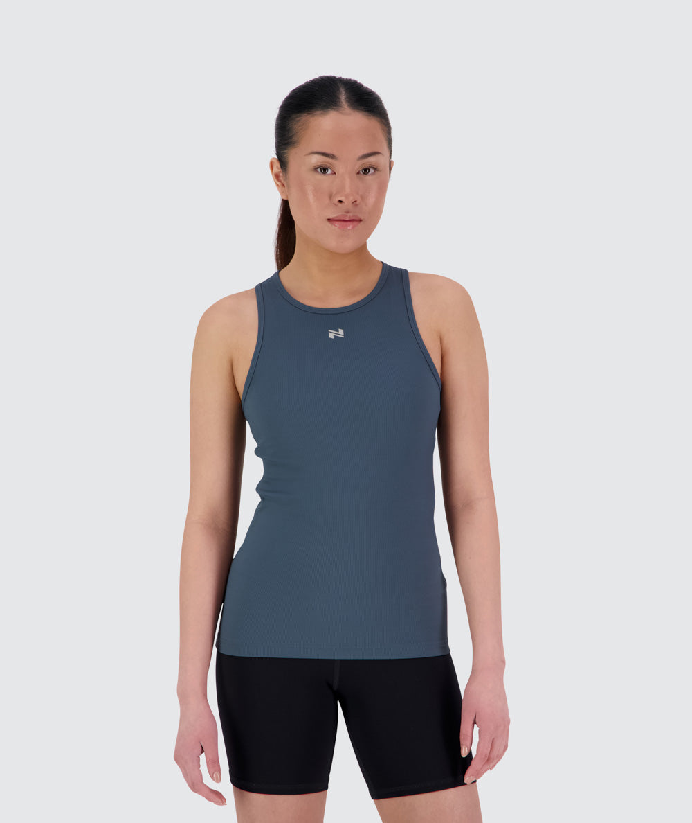 Women's ribbed tank top, Model 160 cm / Size XS #color_dusty-navy