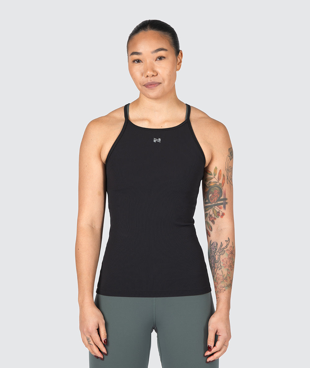 Strappy Ribbed Top for Crossfit, Model 172 cm / size S#color_black