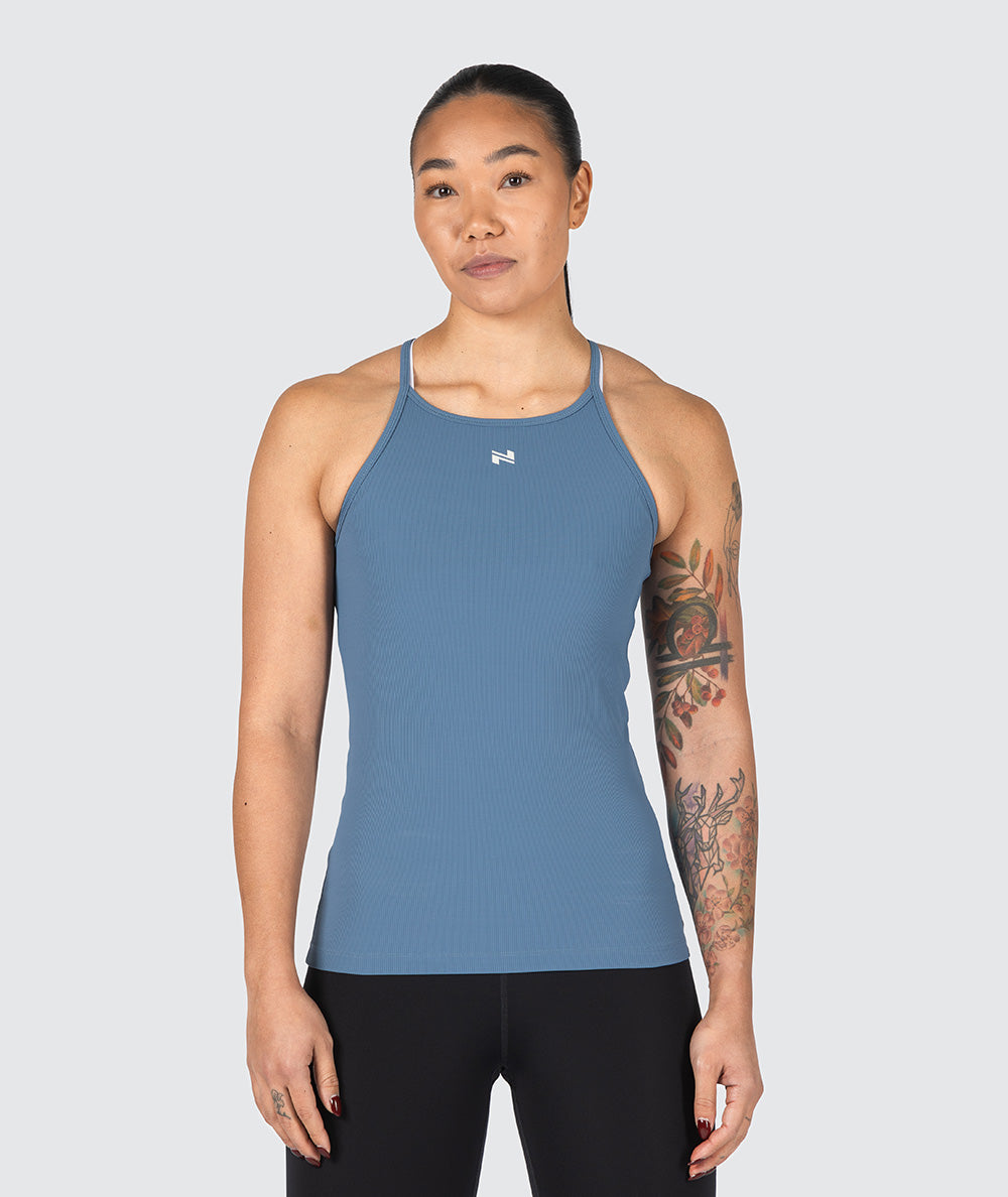 Strappy Ribbed Top for Crossfit, Model 172 cm / size S#color_moonlight-blue