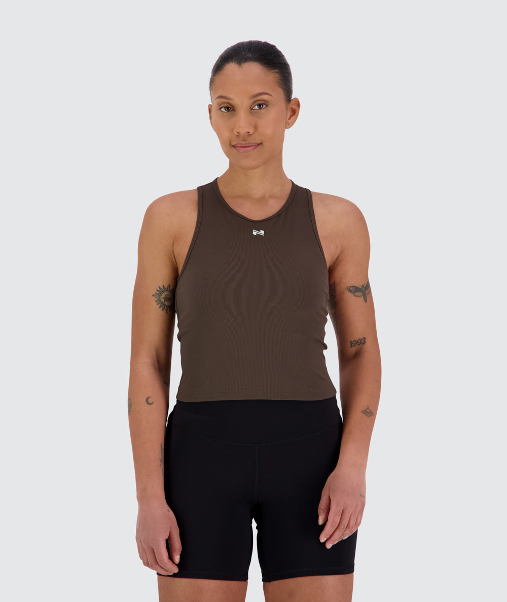 Women's Ribbed Top for CrossFit, Model 170 cm / size S#color_coffee-bean